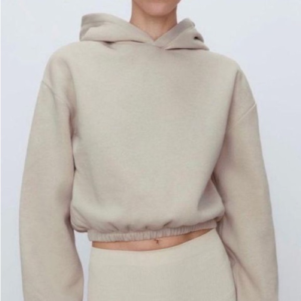 Zara Fleece Cropped hoodie Sweatshirt - Stone - Small